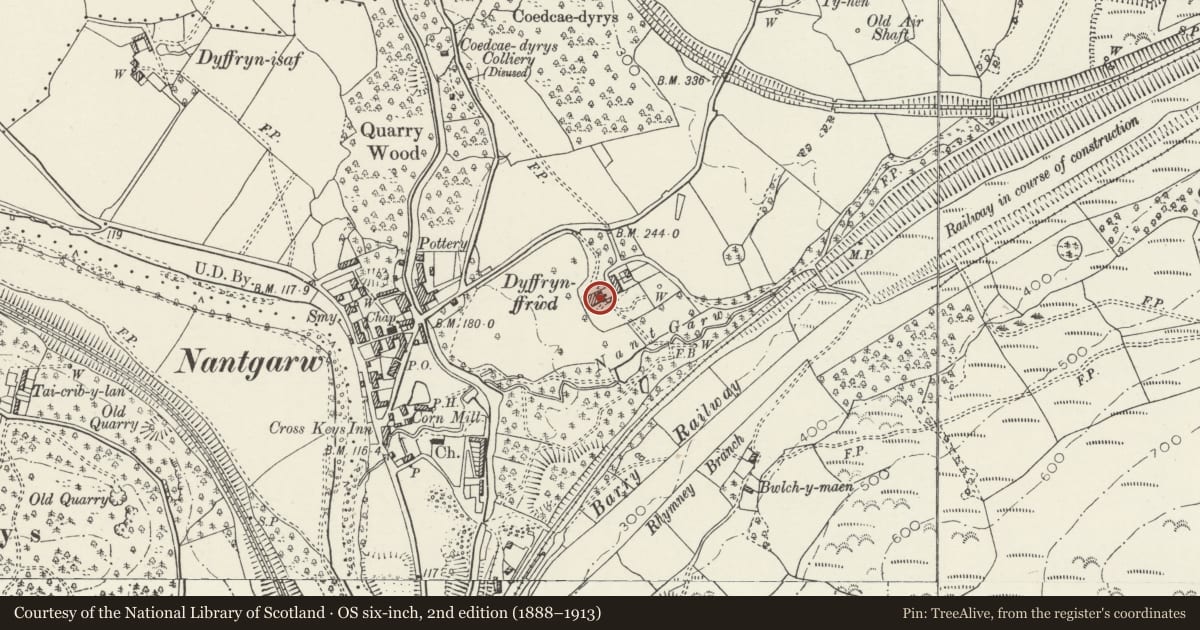 Ordnance Survey six-inch map, 2nd edition (1888–1913) covering the location of Duffryn Ffrwd Manor, Taffs Well, Rhondda Cynon Taff, with a pin at the register's coordinates