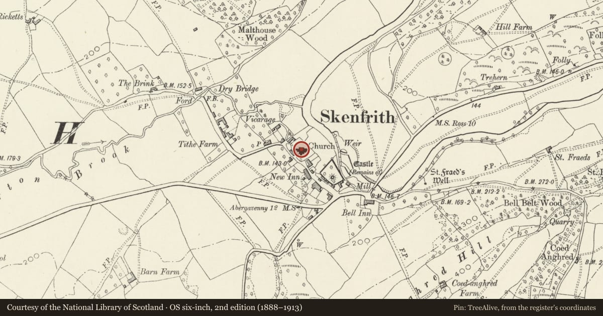 Ordnance Survey six-inch map, 2nd edition (1888–1913) covering the location of Church of St Bridget, Skenfrith, Monmouthshire, with a pin at the register's coordinates