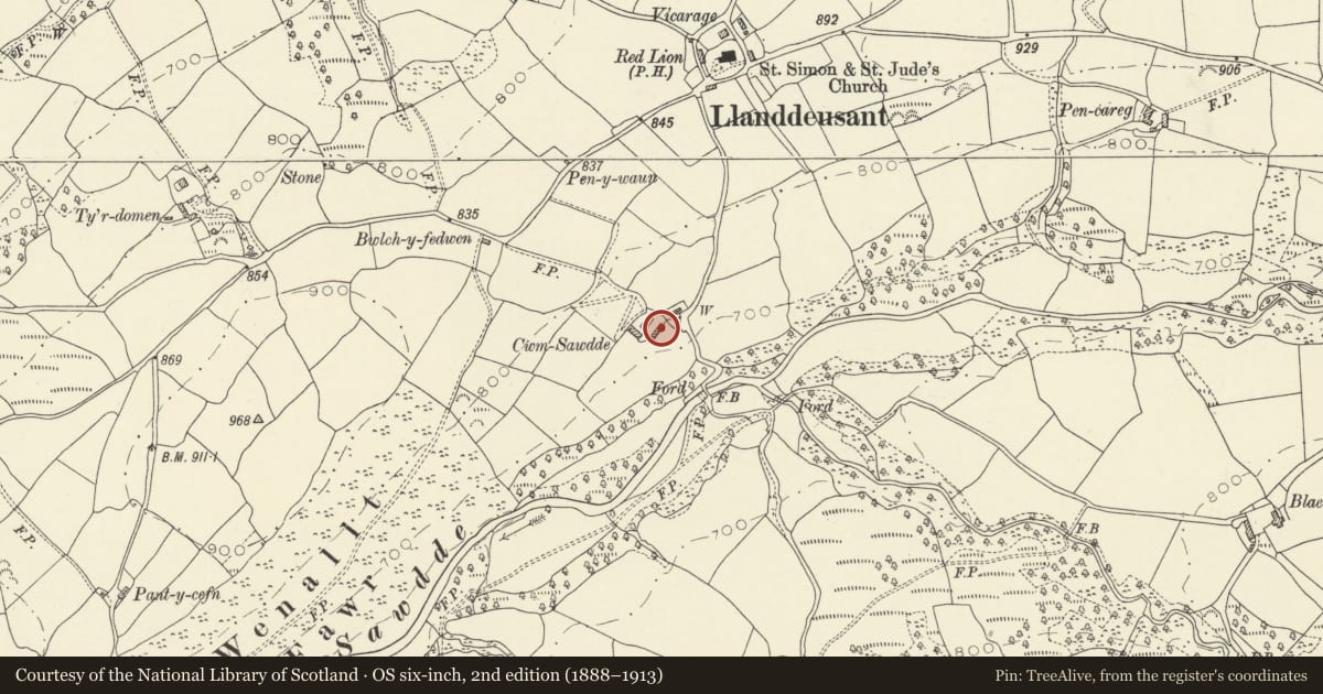 Ordnance Survey six-inch map, 2nd edition (1888–1913) covering the location of Range of outbuildings at Cwmsawdde, Llanddeusant, Carmarthenshire, with a pin at the register's coordinates