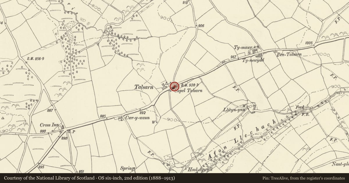 Ordnance Survey six-inch map, 2nd edition (1888–1913) covering the location of Capel Talsarn, Llanddeusant, Carmarthenshire, with a pin at the register's coordinates