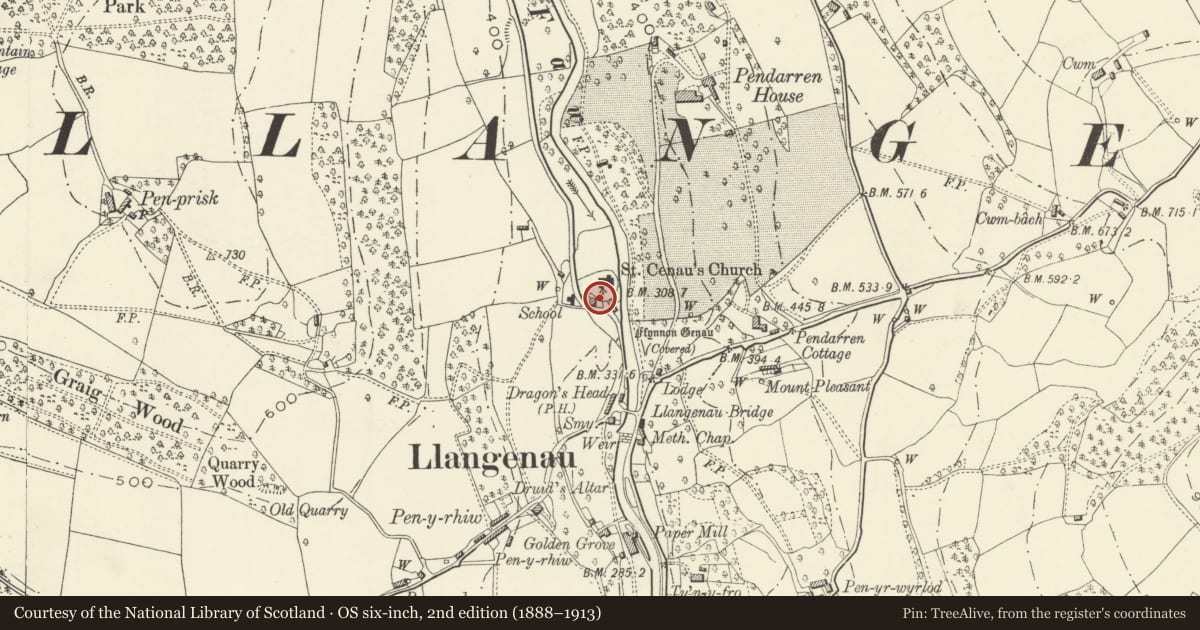 Ordnance Survey six-inch map, 2nd edition (1888–1913) covering the location of Llangenny School, The Vale of Grwyney, Powys, with a pin at the register's coordinates