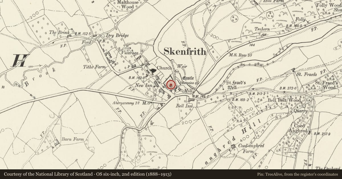 Ordnance Survey six-inch map, 2nd edition (1888–1913) covering the location of Skenfrith Castle, Monmouthshire, with a pin at the register's coordinates