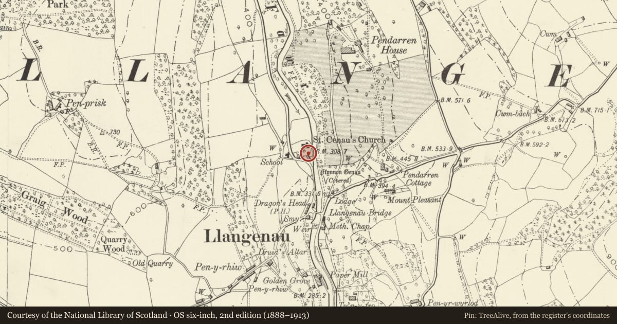 Ordnance Survey six-inch map, 2nd edition (1888–1913) covering the location of Lych Gate at church of St Cenau, Llangenny, The Vale of Grwyney, Powys, with a pin at the register's coordinates