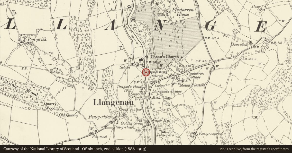 Ordnance Survey six-inch map, 2nd edition (1888–1913) covering the location of Drinking Fountain, The Vale of Grwyney, Powys, with a pin at the register's coordinates