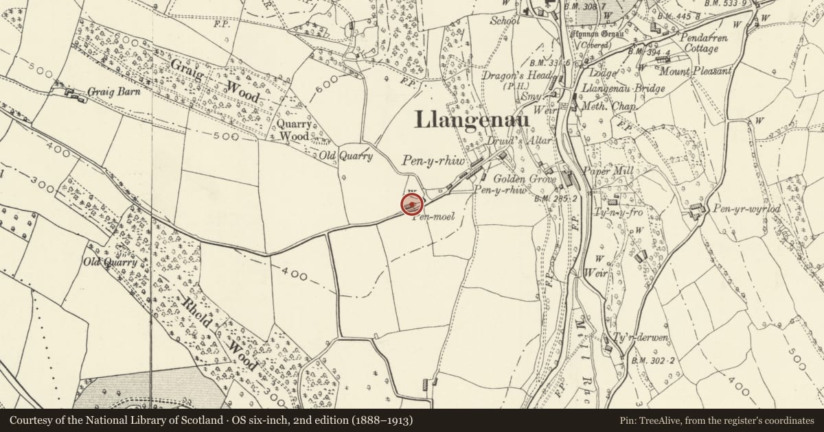 Ordnance Survey six-inch map, 2nd edition (1888–1913) covering the location of Penmoel Cottage, The Vale of Grwyney, Powys, with a pin at the register's coordinates