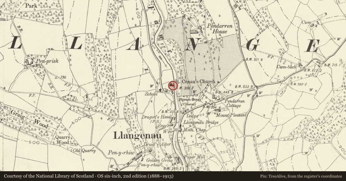 Ordnance Survey six-inch map, 2nd edition (1888–1913) covering the location of Sundial in churchyard of St Cenau, Llangenny, The Vale of Grwyney, Powys, with a pin at the register's coordinates