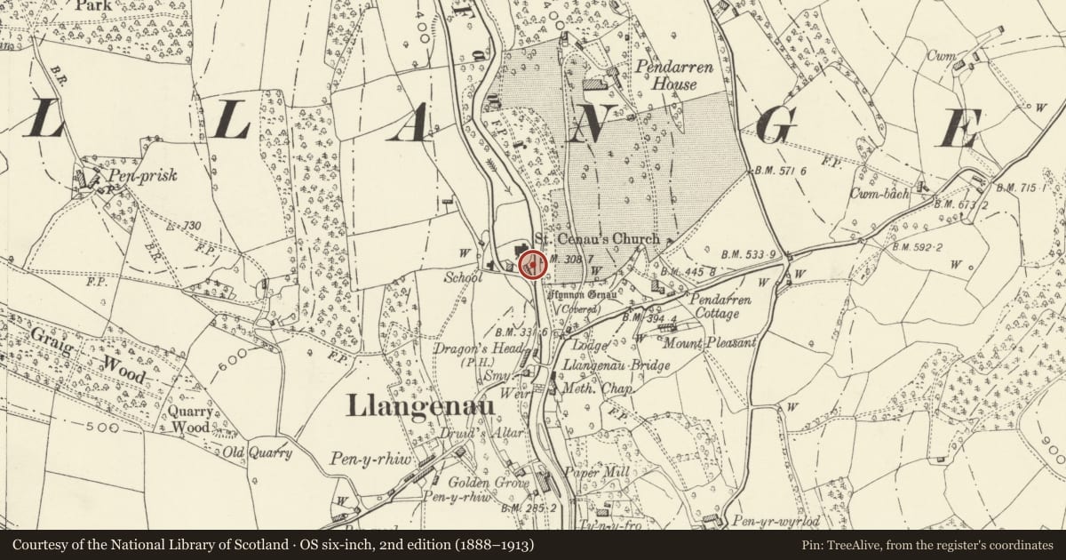 Ordnance Survey six-inch map, 2nd edition (1888–1913) covering the location of 2 Church Cottages, The Vale of Grwyney, Powys, with a pin at the register's coordinates