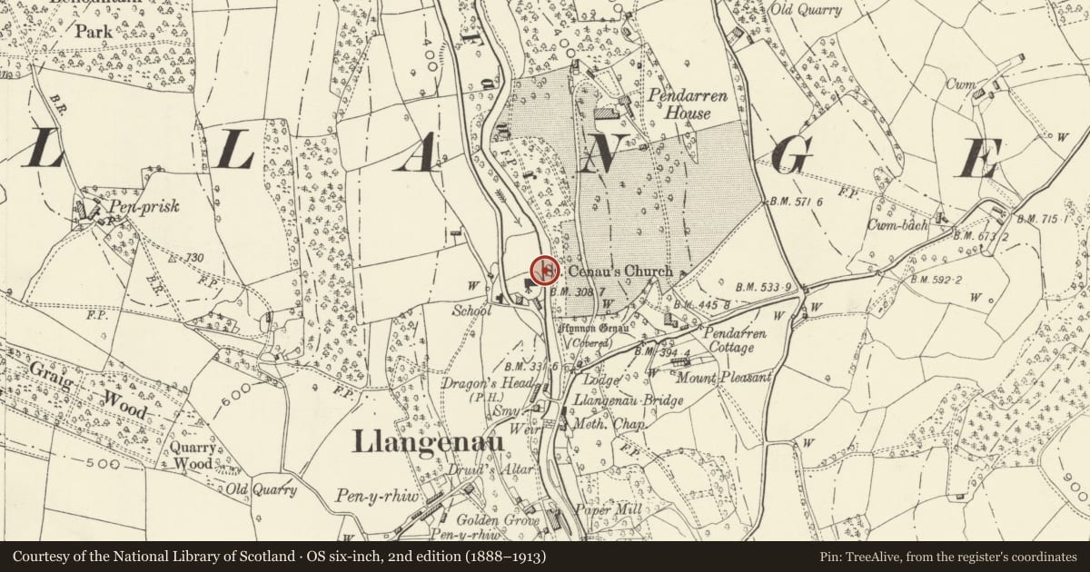 Ordnance Survey six-inch map, 2nd edition (1888–1913) covering the location of Tomb of Martyn Roberts in churchyard of St Cenau, Llangenny, The Vale of Grwyney, Powys, with a pin at the register's coordinates