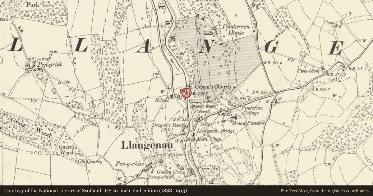 Ordnance Survey six-inch map, 2nd edition (1888–1913) covering the location of Pair of Parry family tombs in churchyard of St Cenau, Llangenny, The Vale of Grwyney, Powys, with a pin at the register's coordinates