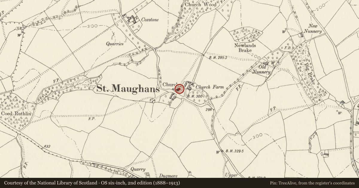 Ordnance Survey six-inch map, 2nd edition (1888–1913) covering the location of Church of St Maughan, Whitecastle, Monmouthshire, with a pin at the register's coordinates