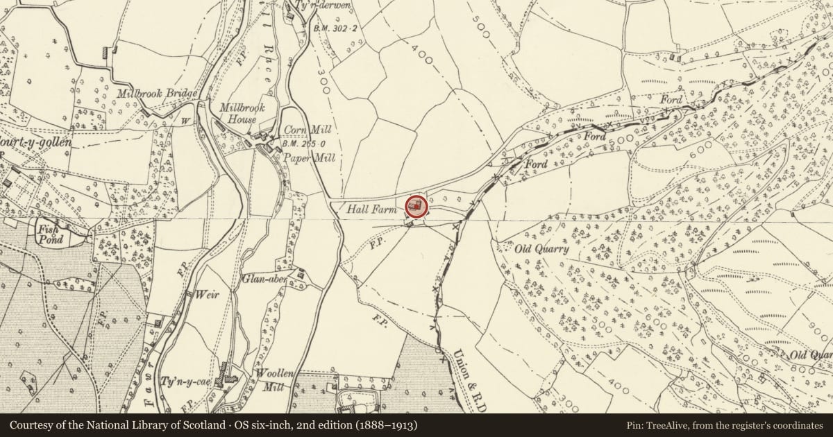Ordnance Survey six-inch map, 2nd edition (1888–1913) covering the location of Hall Farm (also known as Neuadd, Llangenny), The Vale of Grwyney, Powys, with a pin at the register's coordinates
