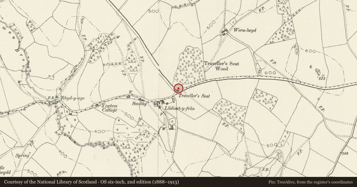 Ordnance Survey six-inch map, 2nd edition (1888–1913) covering the location of Travellers' Seat, Skenfrith, Monmouthshire, with a pin at the register's coordinates