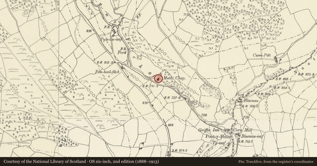 Ordnance Survey six-inch map, 2nd edition (1888–1913) covering the location of The Old Chapel, The Vale of Grwyney, Powys, with a pin at the register's coordinates