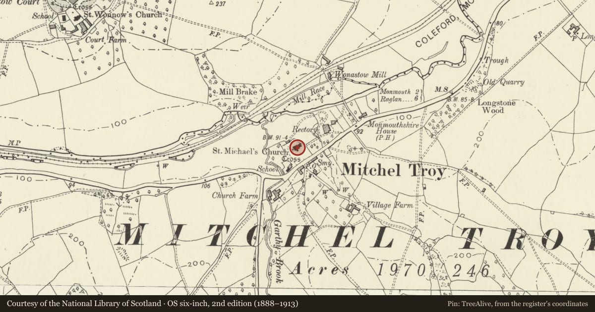 Ordnance Survey six-inch map, 2nd edition (1888–1913) covering the location of Church of St Michael, Mitchel Troy, Monmouthshire, with a pin at the register's coordinates