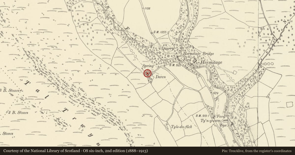Ordnance Survey six-inch map, 2nd edition (1888–1913) covering the location of Barn, Byre and Stable at The Darren, The Vale of Grwyney, Powys, with a pin at the register's coordinates