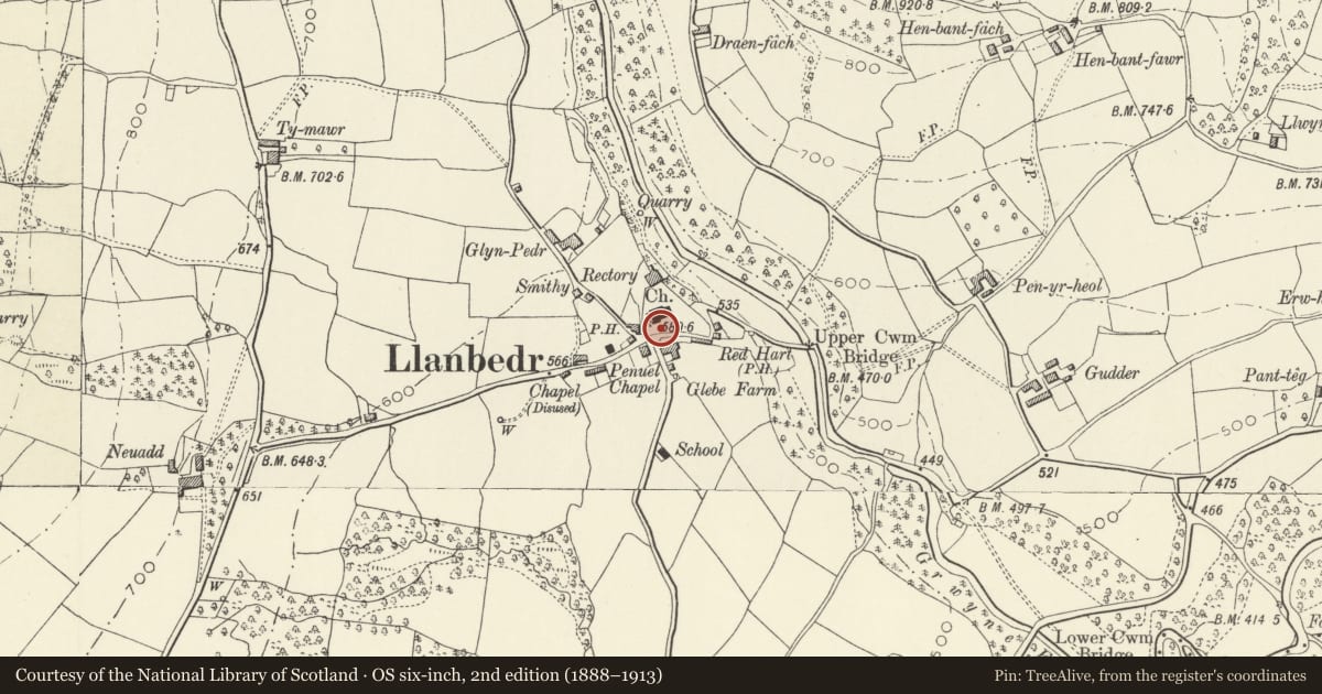 Ordnance Survey six-inch map, 2nd edition (1888–1913) covering the location of Lych Gate at the Church of St Peter, The Vale of Grwyney, Powys, with a pin at the register's coordinates