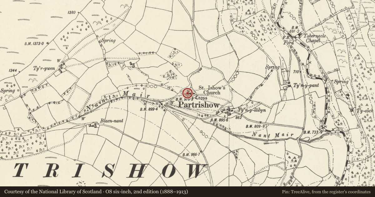 Ordnance Survey six-inch map, 2nd edition (1888–1913) covering the location of Former Stable at Church of St Issui, Partrishow, The Vale of Grwyney, Powys, with a pin at the register's coordinates