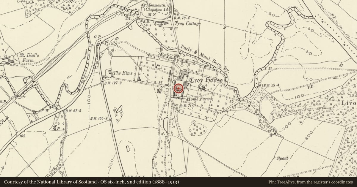 Ordnance Survey six-inch map, 2nd edition (1888–1913) covering the location of Barn at Troy House Farm, Monmouth, Monmouthshire, with a pin at the register's coordinates