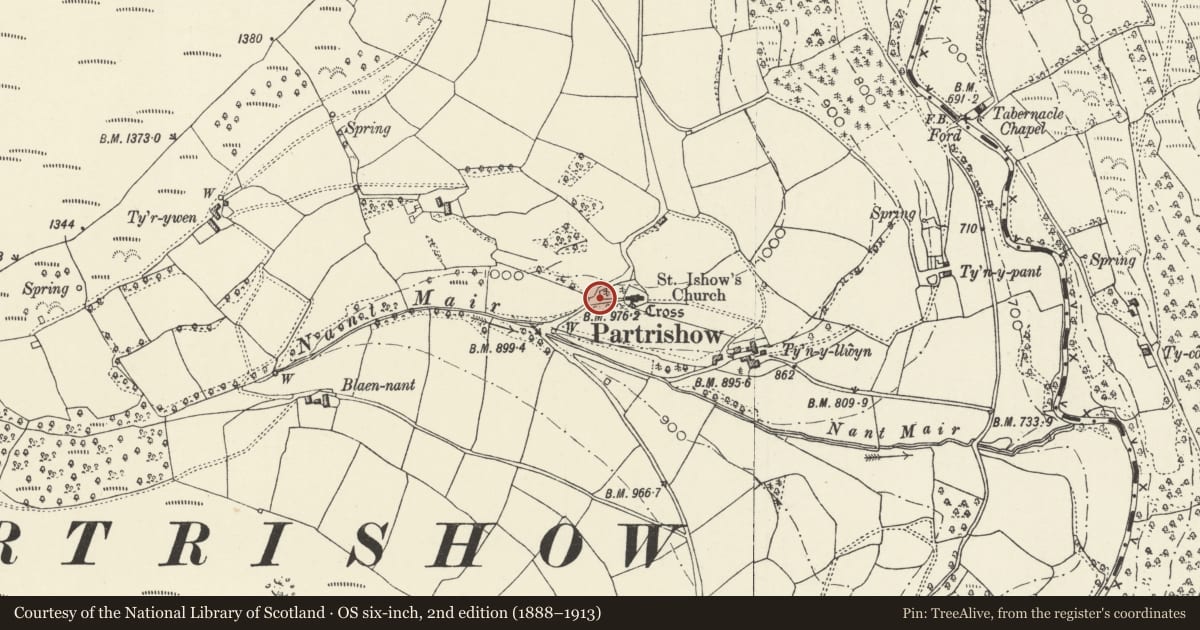 Ordnance Survey six-inch map, 2nd edition (1888–1913) covering the location of Lych Gate at Church of St Issui, Partrishow, The Vale of Grwyney, Powys, with a pin at the register's coordinates