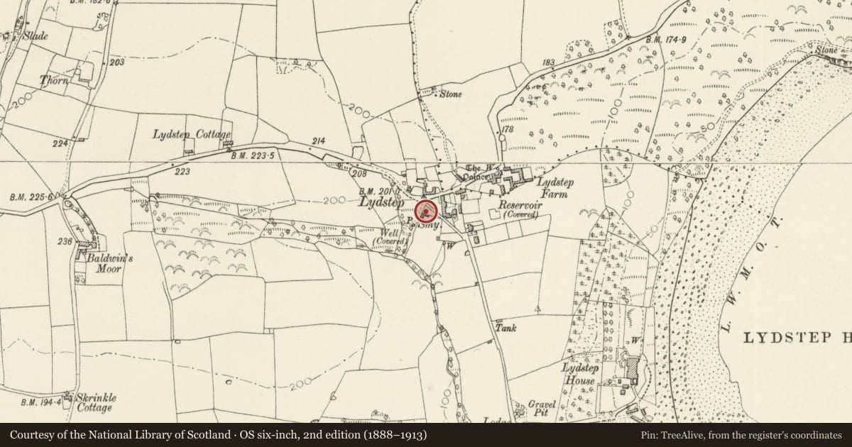 Ordnance Survey six-inch map, 2nd edition (1888–1913) covering the location of West Lodge, Manorbier, Pembrokeshire, with a pin at the register's coordinates