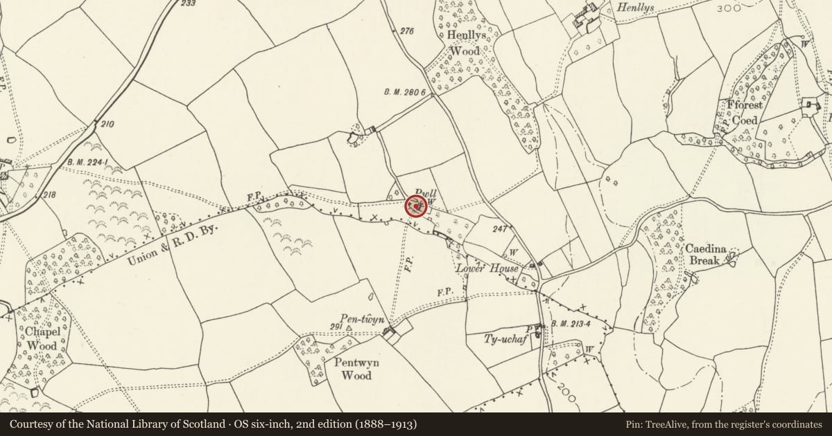 Ordnance Survey six-inch map, 2nd edition (1888–1913) covering the location of Pwll, Mitchel Troy, Monmouthshire, with a pin at the register's coordinates