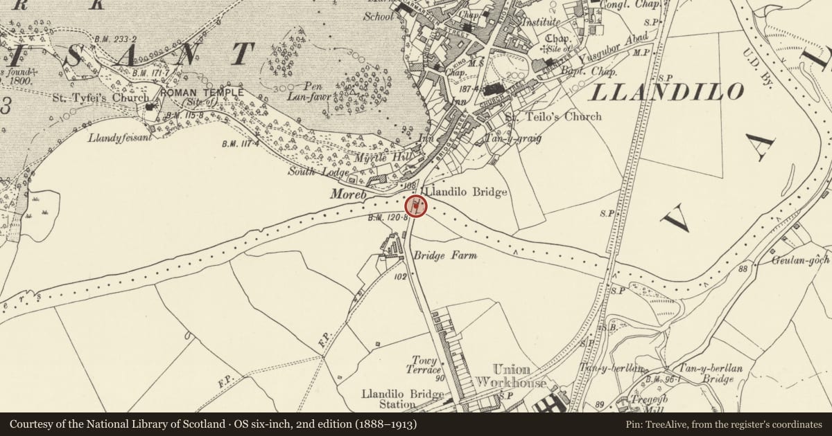 Ordnance Survey six-inch map, 2nd edition (1888–1913) covering the location of Llandeilo Bridge (including causeways) (partly in Llandeilo community), Cyngor Bro Dyffryn Cennen, Carmarthenshire, with a pin at the register's coordinates