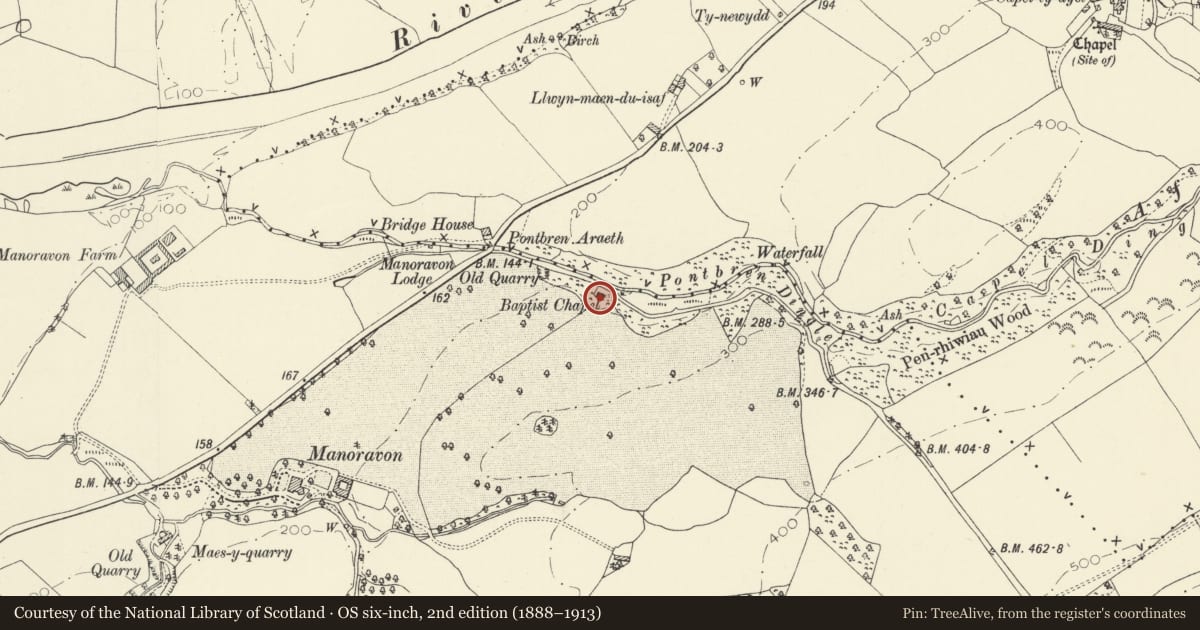 Ordnance Survey six-inch map, 2nd edition (1888–1913) covering the location of Capel Bethel, Cyngor Bro Dyffryn Cennen, Carmarthenshire, with a pin at the register's coordinates