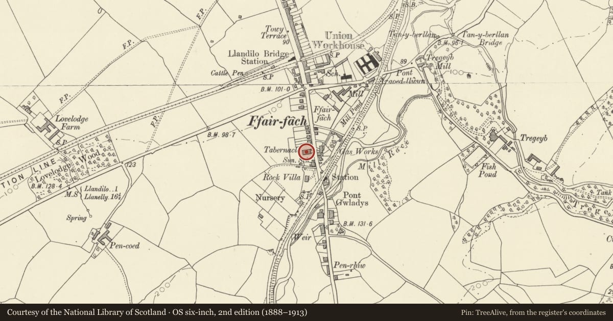 Ordnance Survey six-inch map, 2nd edition (1888–1913) covering the location of Capel Tabernacl, Cyngor Bro Dyffryn Cennen, Carmarthenshire, with a pin at the register's coordinates