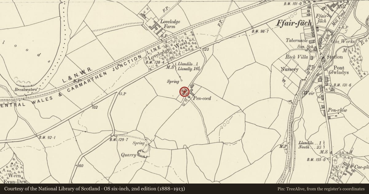 Ordnance Survey six-inch map, 2nd edition (1888–1913) covering the location of Penycoed, Cyngor Bro Dyffryn Cennen, Carmarthenshire, with a pin at the register's coordinates