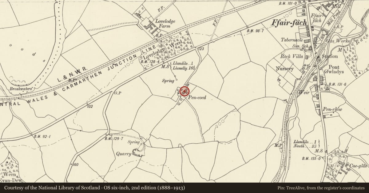 Ordnance Survey six-inch map, 2nd edition (1888–1913) covering the location of Outbuildings to rear of Penycoed, Cyngor Bro Dyffryn Cennen, Carmarthenshire, with a pin at the register's coordinates