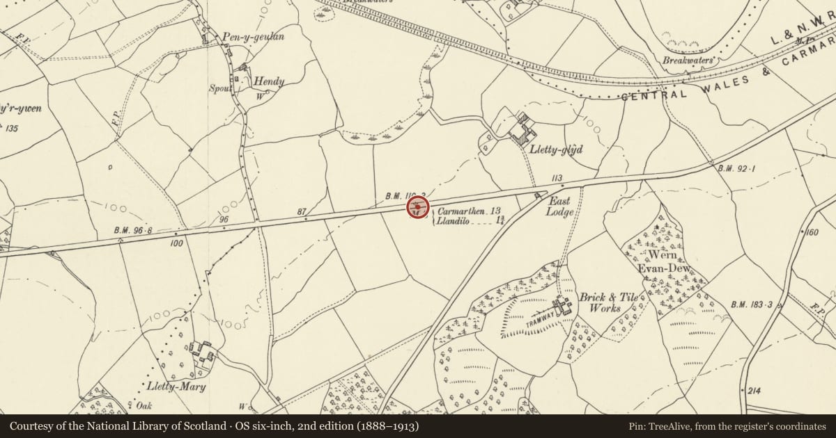 Ordnance Survey six-inch map, 2nd edition (1888–1913) covering the location of Milestone on B4300, Cyngor Bro Dyffryn Cennen, Carmarthenshire, with a pin at the register's coordinates