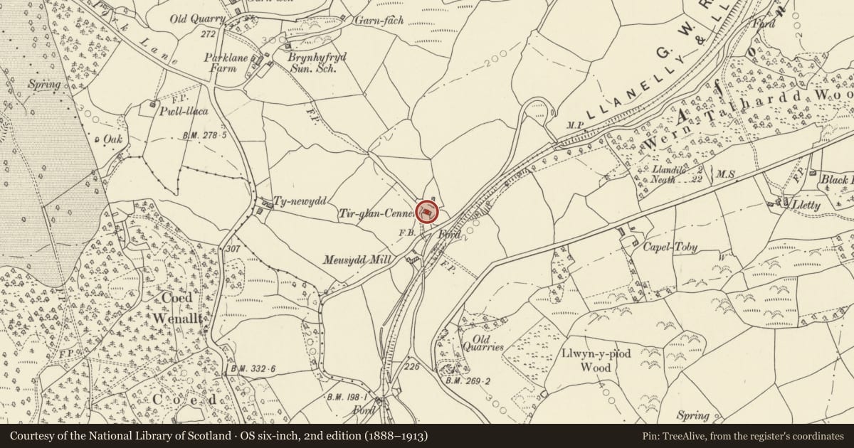Ordnance Survey six-inch map, 2nd edition (1888–1913) covering the location of Barn at Tir Glan Cennen, Cyngor Bro Dyffryn Cennen, Carmarthenshire, with a pin at the register's coordinates