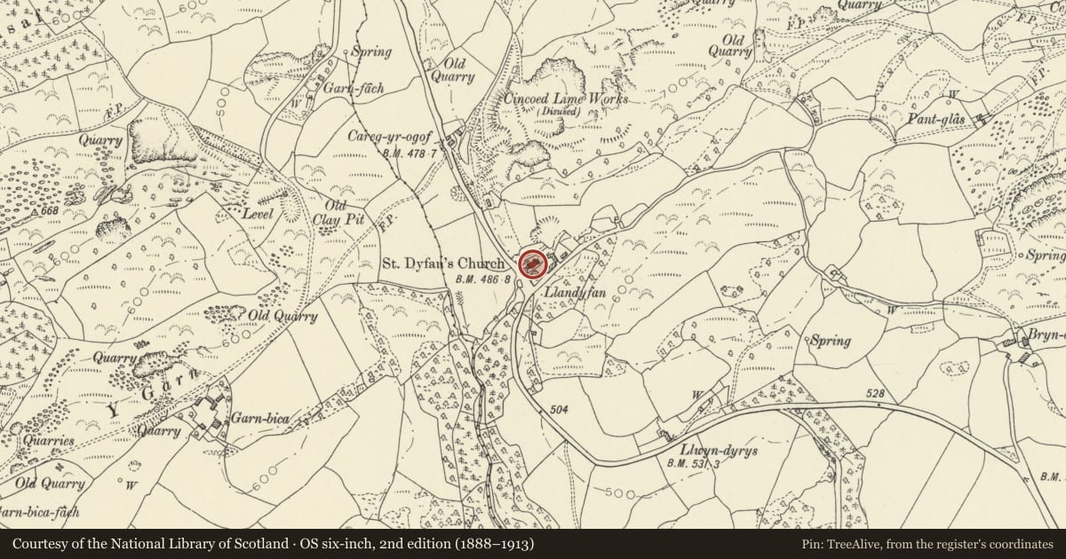 Ordnance Survey six-inch map, 2nd edition (1888–1913) covering the location of Church of St Dyfan, Cyngor Bro Dyffryn Cennen, Carmarthenshire, with a pin at the register's coordinates