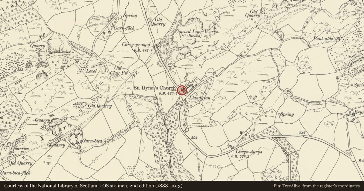 Ordnance Survey six-inch map, 2nd edition (1888–1913) covering the location of Churchyard walls and gateway at Llandyfan church, Cyngor Bro Dyffryn Cennen, Carmarthenshire, with a pin at the register's coordinates
