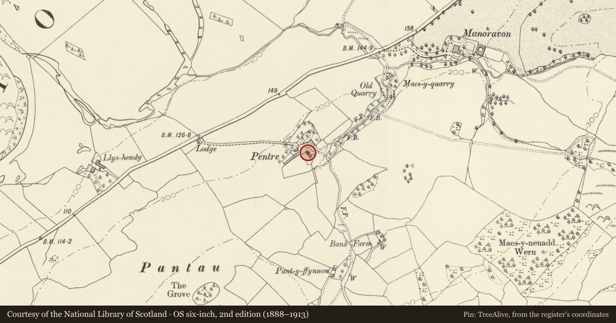 Ordnance Survey six-inch map, 2nd edition (1888–1913) covering the location of Barn at Pentre Parr, Cyngor Bro Dyffryn Cennen, Carmarthenshire, with a pin at the register's coordinates