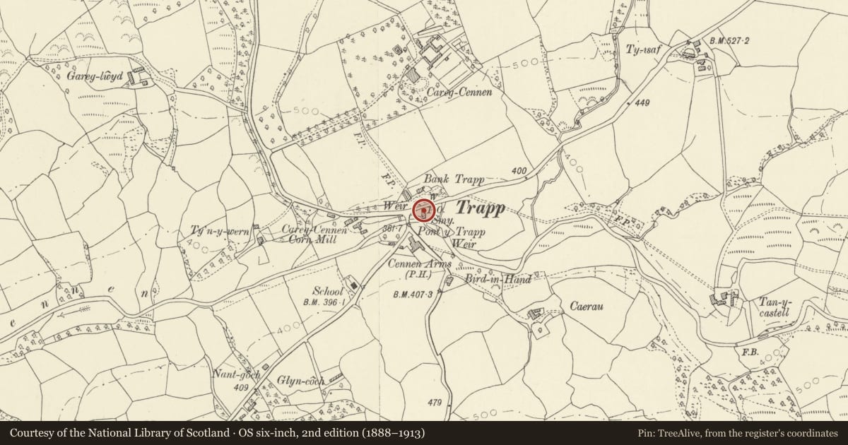 Ordnance Survey six-inch map, 2nd edition (1888–1913) covering the location of The Post Office, Dyffryn Cennen, Carmarthenshire, with a pin at the register's coordinates