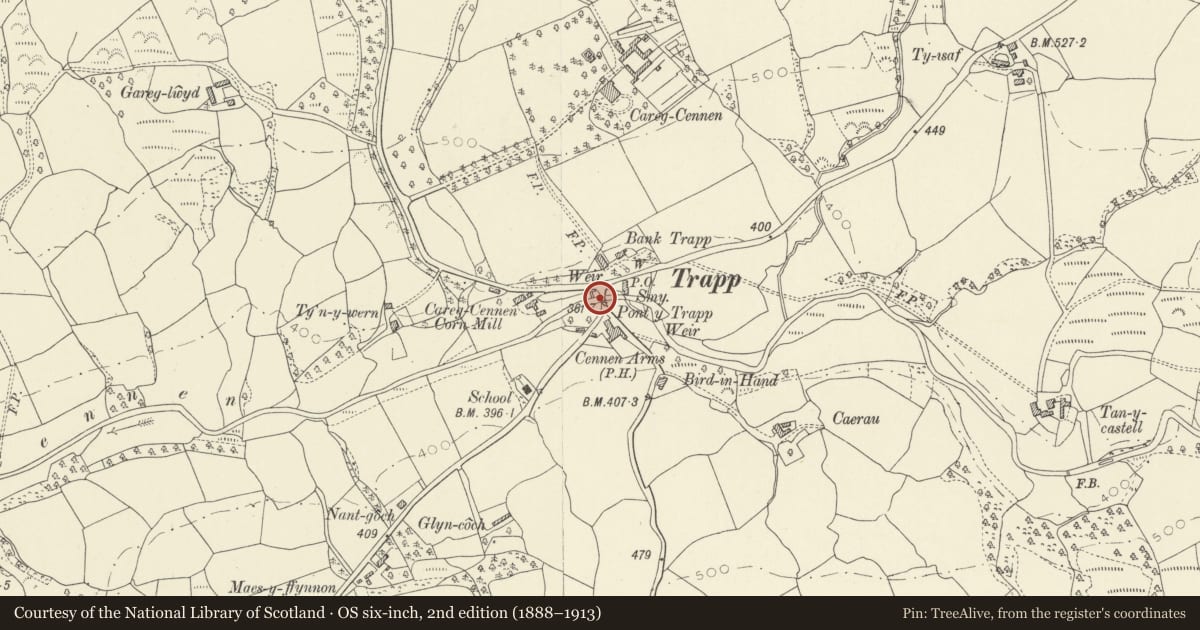 Ordnance Survey six-inch map, 2nd edition (1888–1913) covering the location of Pont-y-Trap, Dyffryn Cennen, Carmarthenshire, with a pin at the register's coordinates
