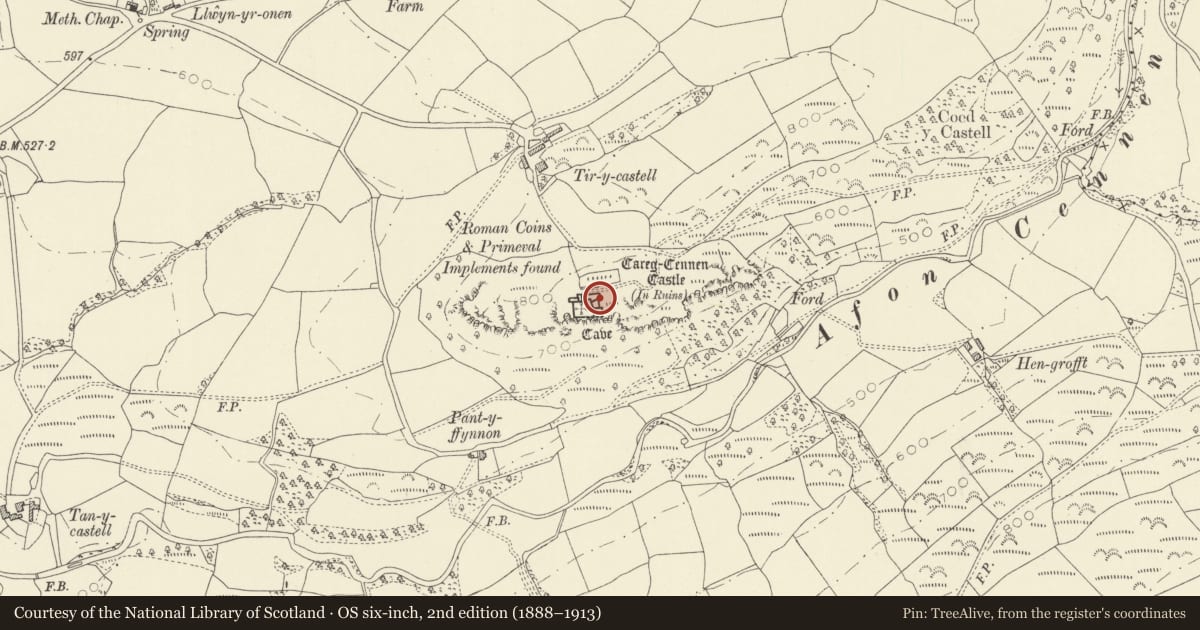 Ordnance Survey six-inch map, 2nd edition (1888–1913) covering the location of Carreg Cennen Castle, Dyffryn Cennen, Carmarthenshire, with a pin at the register's coordinates