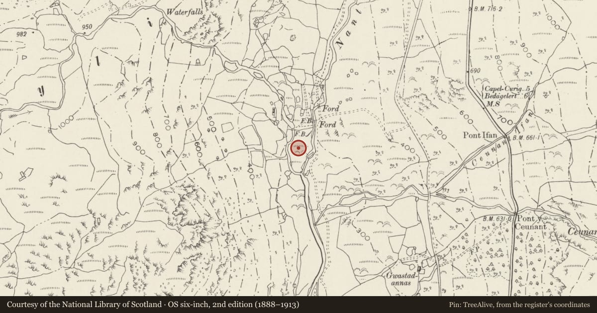 Ordnance Survey six-inch map, 2nd edition (1888–1913) covering the location of Cwm Dyli Power Station, Beddgelert, Gwynedd, with a pin at the register's coordinates