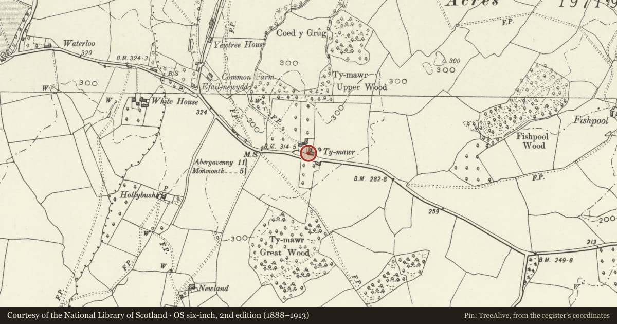 Ordnance Survey six-inch map, 2nd edition (1888–1913) covering the location of Gatehouse to Ty Mawr, Mitchel Troy, Monmouthshire, with a pin at the register's coordinates