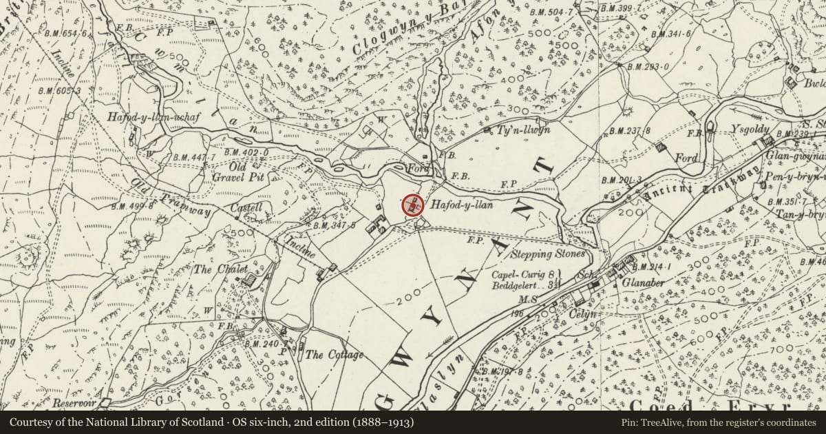 Ordnance Survey six-inch map, 2nd edition (1888–1913) covering the location of Hafod-y-Llan, Beddgelert, Gwynedd, with a pin at the register's coordinates