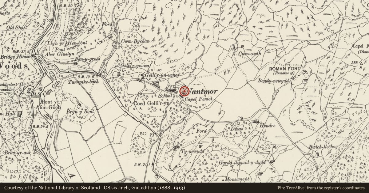 Ordnance Survey six-inch map, 2nd edition (1888–1913) covering the location of Ty Capel, Beddgelert, Gwynedd, with a pin at the register's coordinates