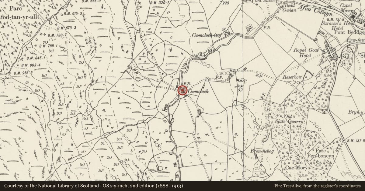 Ordnance Survey six-inch map, 2nd edition (1888–1913) covering the location of Cwm Cloch Uchaf, Beddgelert, Gwynedd, with a pin at the register's coordinates