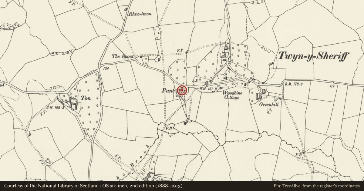 Ordnance Survey six-inch map, 2nd edition (1888–1913) covering the location of The Pant, Raglan, Monmouthshire, with a pin at the register's coordinates