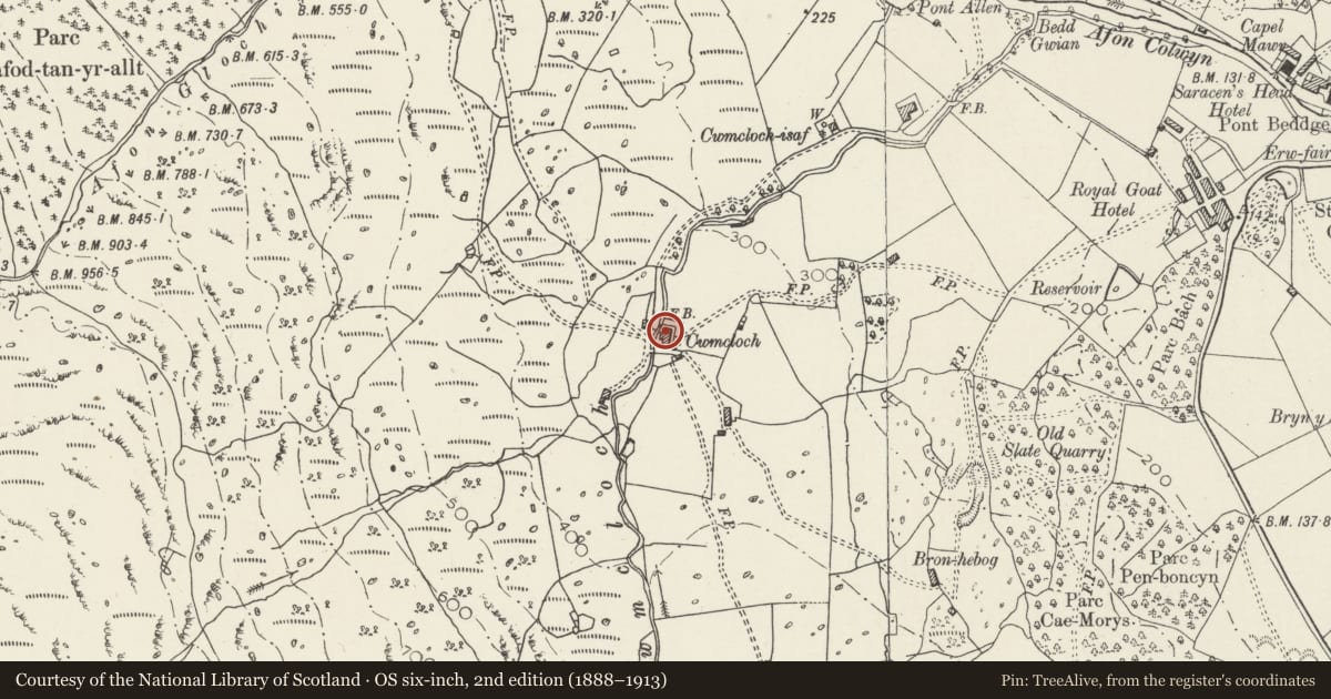 Ordnance Survey six-inch map, 2nd edition (1888–1913) covering the location of Cwm Cloch Ganol, Beddgelert, Gwynedd, with a pin at the register's coordinates