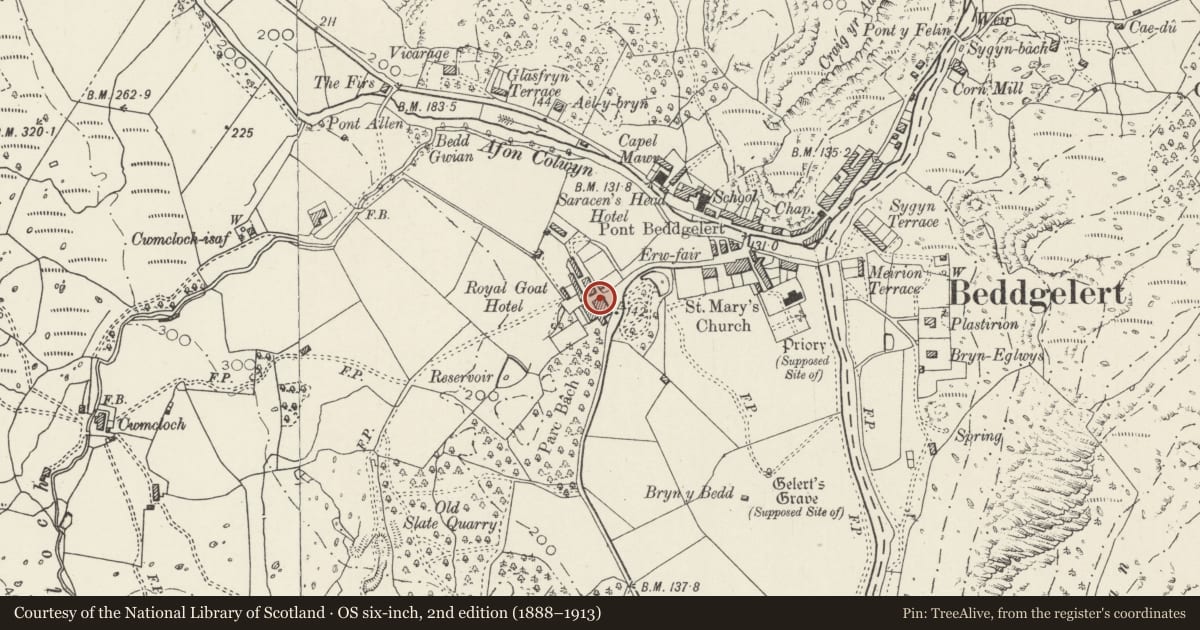 Ordnance Survey six-inch map, 2nd edition (1888–1913) covering the location of The Royal Goat Hotel, Beddgelert, Gwynedd, with a pin at the register's coordinates