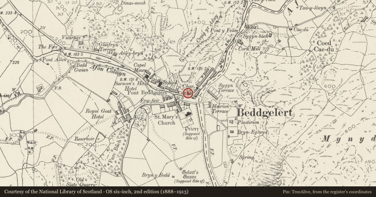 Ordnance Survey six-inch map, 2nd edition (1888–1913) covering the location of Ty Popty, Beddgelert, Gwynedd, with a pin at the register's coordinates