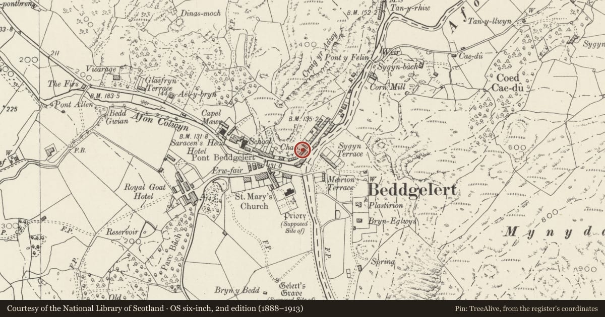 Ordnance Survey six-inch map, 2nd edition (1888–1913) covering the location of Colwyn Cottage, Beddgelert, Gwynedd, with a pin at the register's coordinates