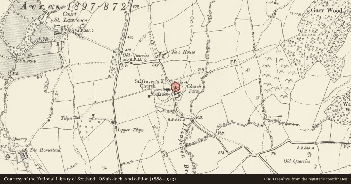 Ordnance Survey six-inch map, 2nd edition (1888–1913) covering the location of Church Farmhouse, Mitchel Troy, Monmouthshire, with a pin at the register's coordinates