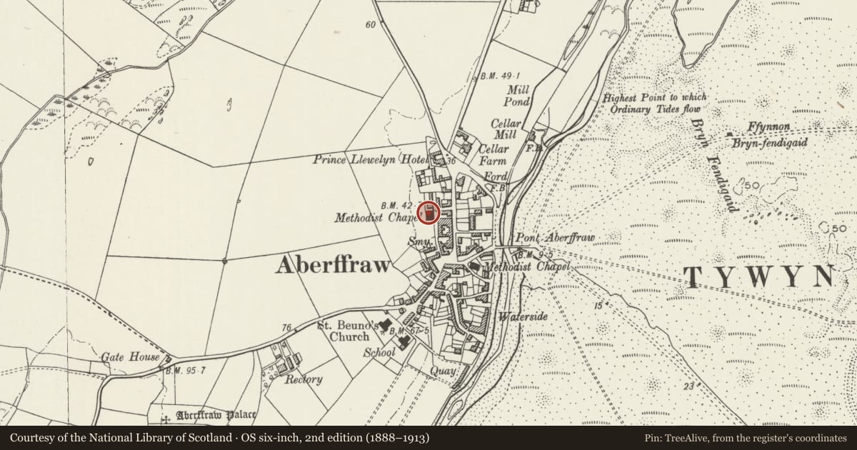 Ordnance Survey six-inch map, 2nd edition (1888–1913) covering the location of Aberffraw Calvinistic Methodist Chapel, Isle of Anglesey, with a pin at the register's coordinates